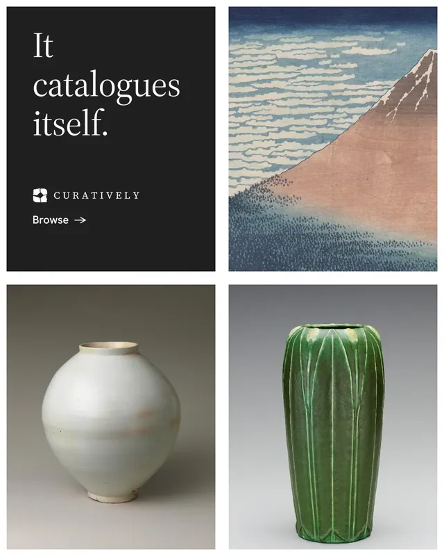 Instagram portrait post for Curatively: "It catalogues itself." Minimal luxury style, collage layout, light palette in grey, black, white.