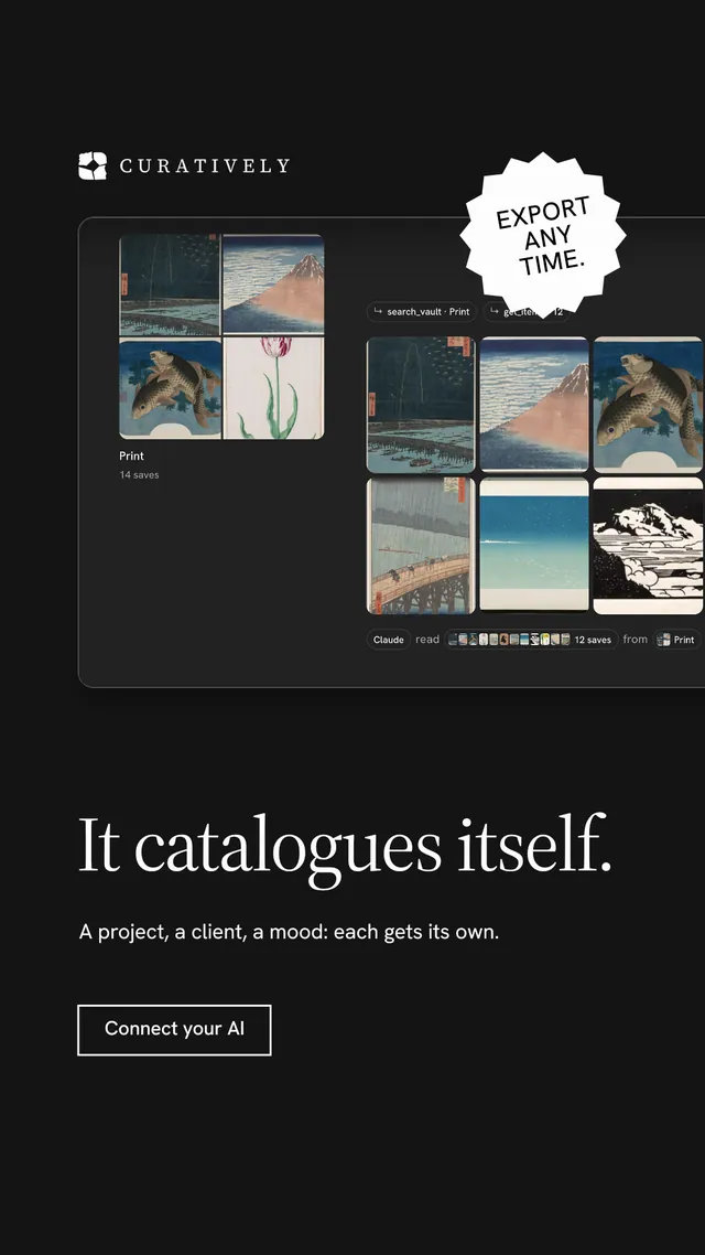 Instagram story for Curatively: "It catalogues itself." Editorial style, sticker layout, dark palette in black, grey.