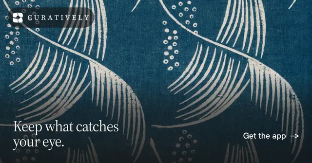 Social ad for Curatively: "Keep what catches your eye." Editorial style, image led layout, dark palette in blue, grey.