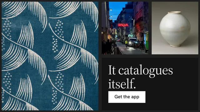 Landscape graphic for Curatively: "It catalogues itself." Split block style, collage layout, dark palette in black, blue, grey.