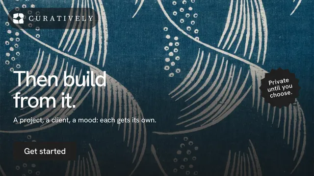 Landscape graphic for Curatively: "Then build from it." Swiss style, sticker layout, dark palette in blue, grey, black.