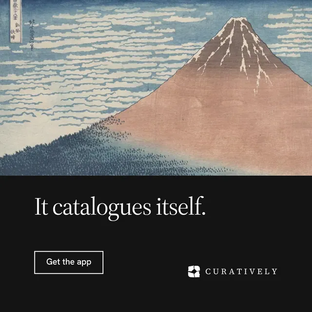 Instagram post for Curatively: "It catalogues itself." Editorial style, bottom layout, dark palette in black, grey.