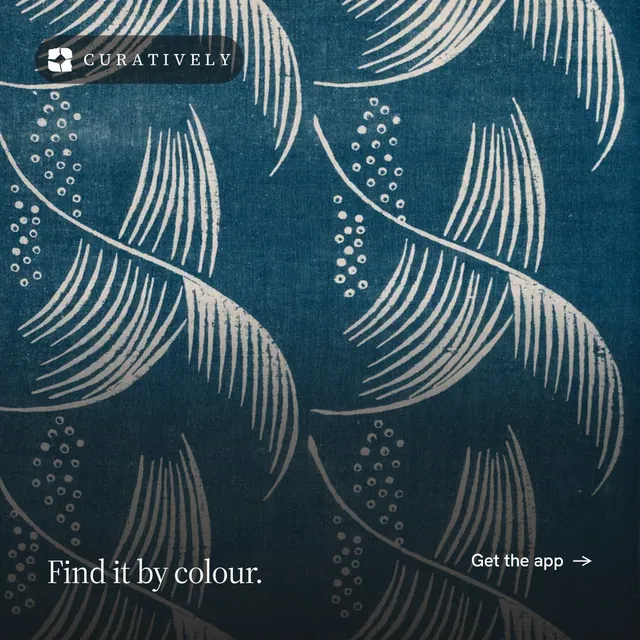 Instagram post for Curatively: "Find it by colour." Photo poster style, image led layout, dark palette in blue, grey.