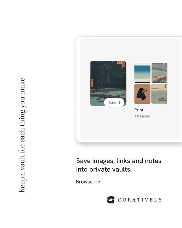 Instagram portrait post for Curatively: "Keep a vault for each thing you make." Minimal luxury style, vertical layout, light palette in white, grey.