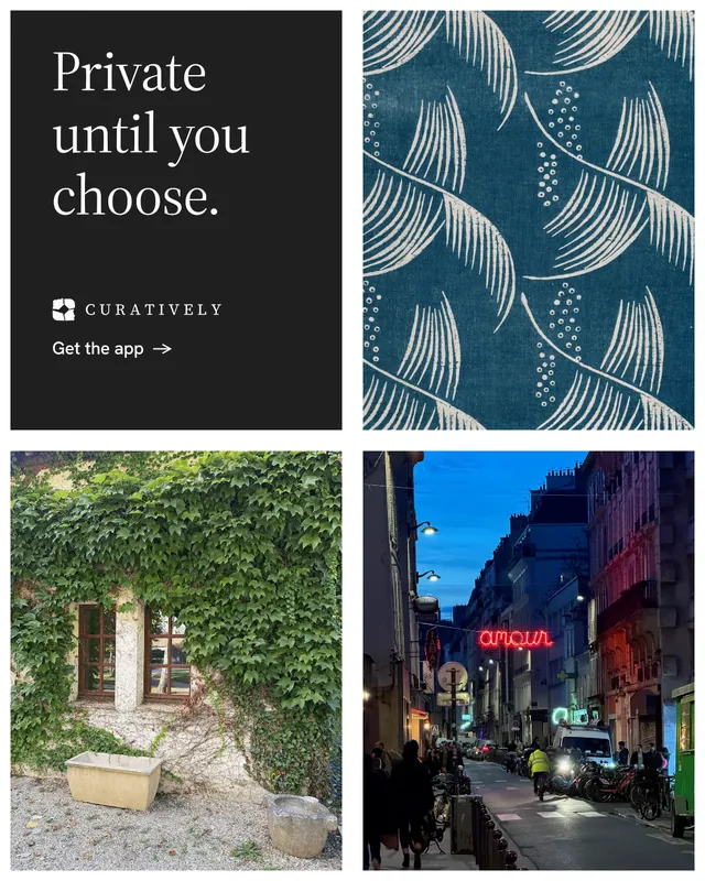 Instagram portrait post for Curatively: "Private until you choose." Minimal luxury style, collage layout, dark palette in grey, black, blue.