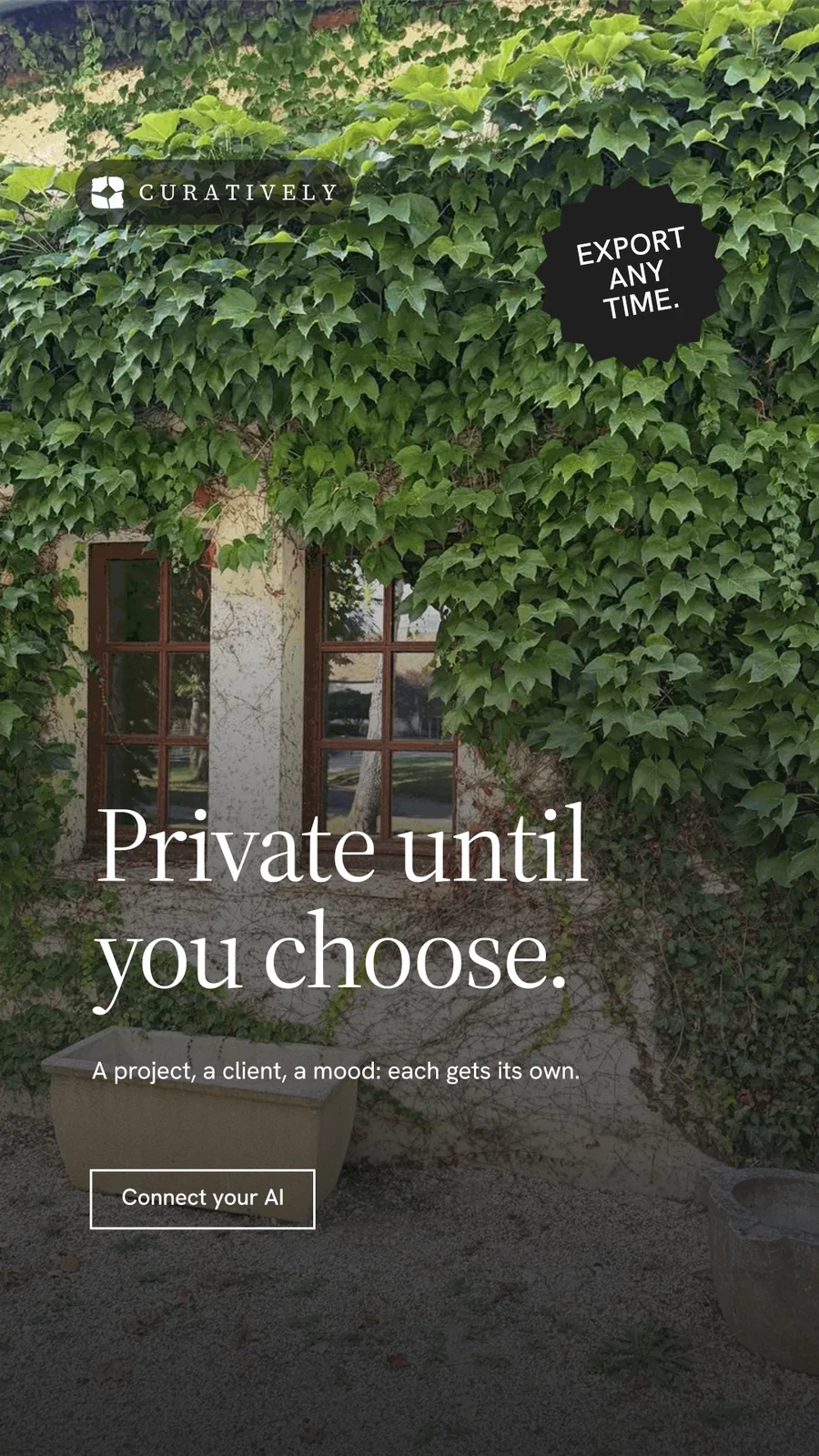 Instagram story for Curatively: "Private until you choose." Editorial style, sticker layout, dark palette in black, grey.