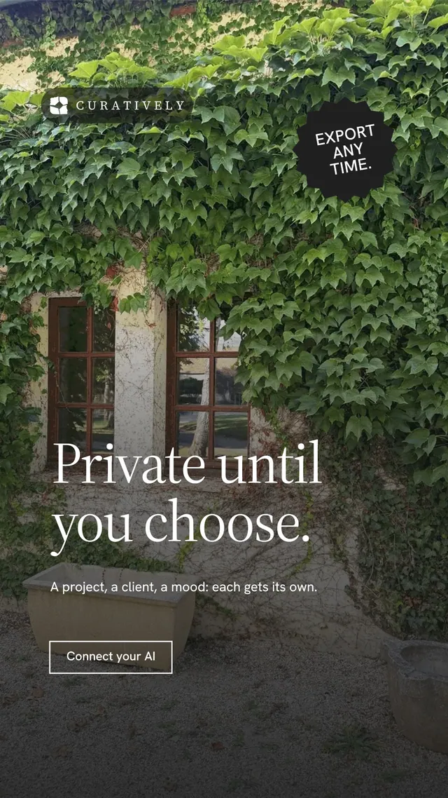 Instagram story for Curatively: "Private until you choose." Editorial style, sticker layout, dark palette in black, grey.