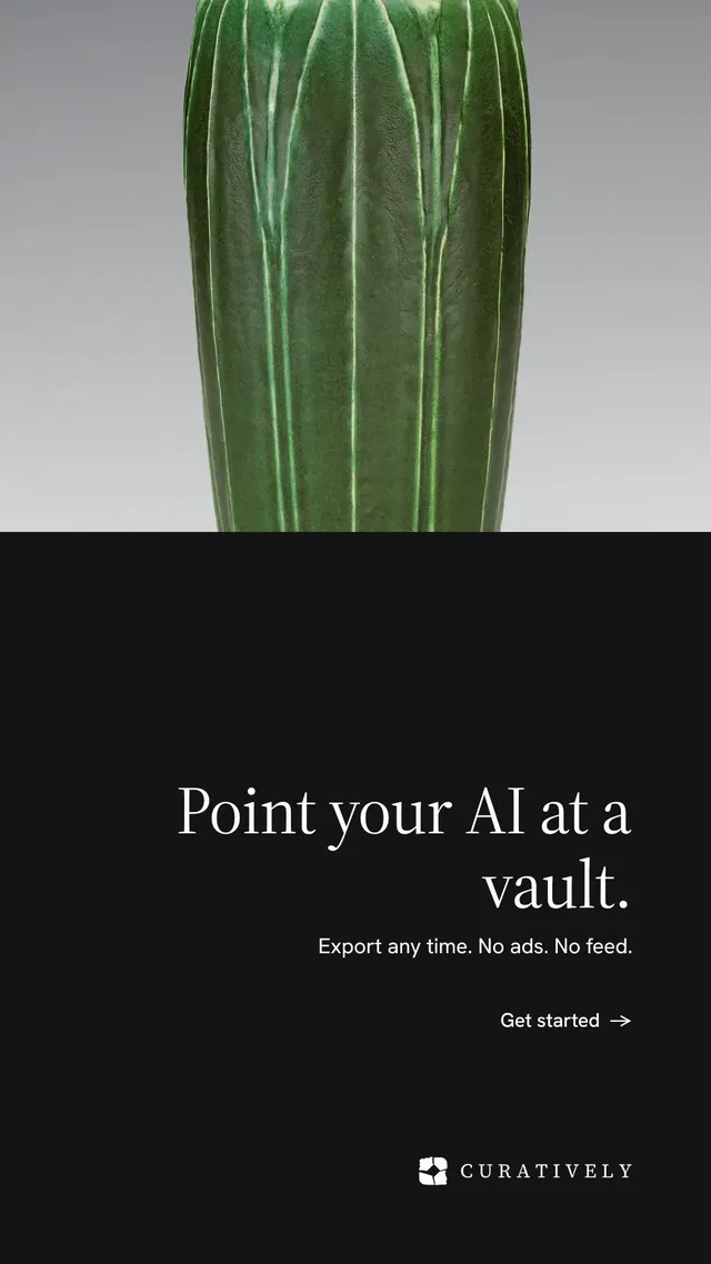Instagram story for Curatively: "Point your AI at a vault." Minimal luxury style, right layout, dark palette in black, grey, green.