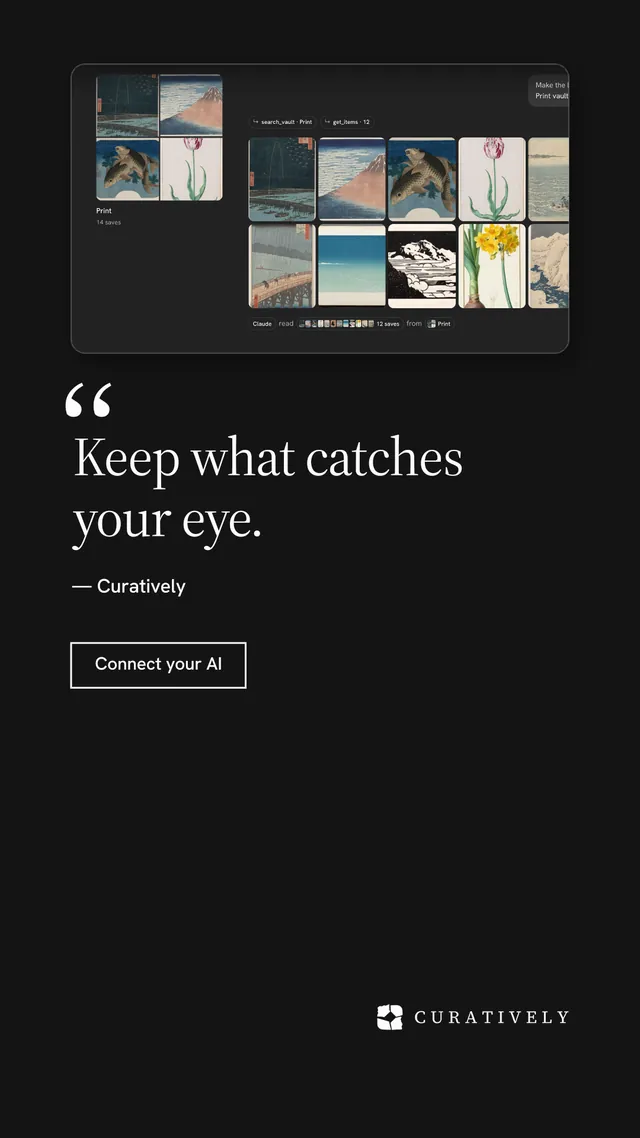 Instagram story for Curatively: "Keep what catches your eye." Editorial style, quote layout, dark palette in black, grey.