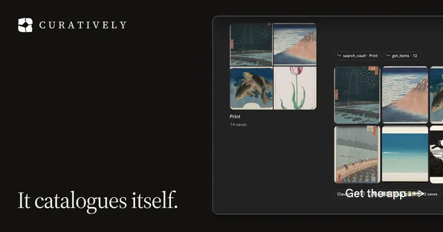 Social ad for Curatively: "It catalogues itself." Editorial style, image led layout, dark palette in black, grey.
