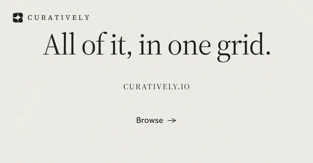 Social ad for Curatively: "All of it, in one grid." Editorial style, smallcaps layout, light palette in white, grey.