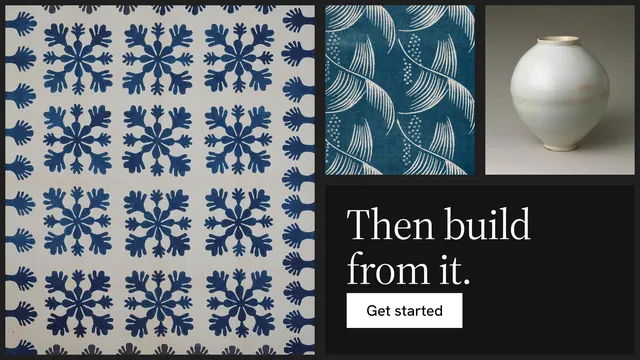Landscape graphic for Curatively: "Then build from it." Split block style, collage layout, dark palette in blue, black, grey.