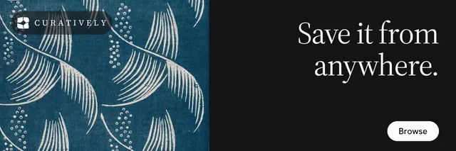 X header for Curatively: "Save it from anywhere." Photo poster style, right layout, dark palette in black, blue, grey.