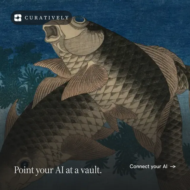 Instagram post for Curatively: "Point your AI at a vault." Photo poster style, image led layout, dark palette in black, blue, grey.