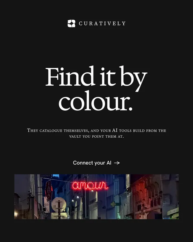 Instagram portrait post for Curatively: "Find it by colour." Swiss style, smallcaps layout, dark palette in black.