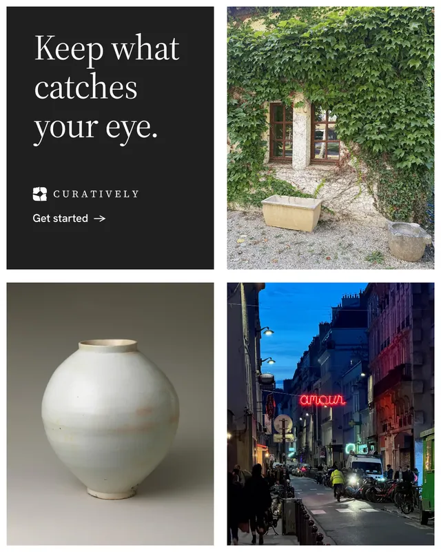 Instagram portrait post for Curatively: "Keep what catches your eye." Minimal luxury style, collage layout, dark palette in grey, black.