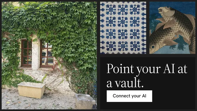 Landscape graphic for Curatively: "Point your AI at a vault." Split block style, collage layout, dark palette in grey, black.