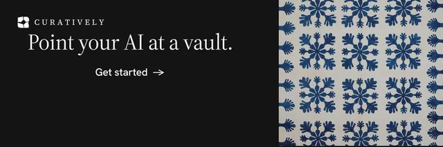 X header for Curatively: "Point your AI at a vault." Minimal luxury style, skeleton layout, dark palette in black, grey.