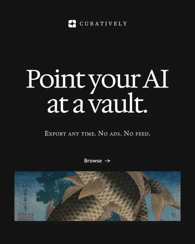 Instagram portrait post for Curatively: "Point your AI at a vault." Swiss style, smallcaps layout, dark palette in black, grey.