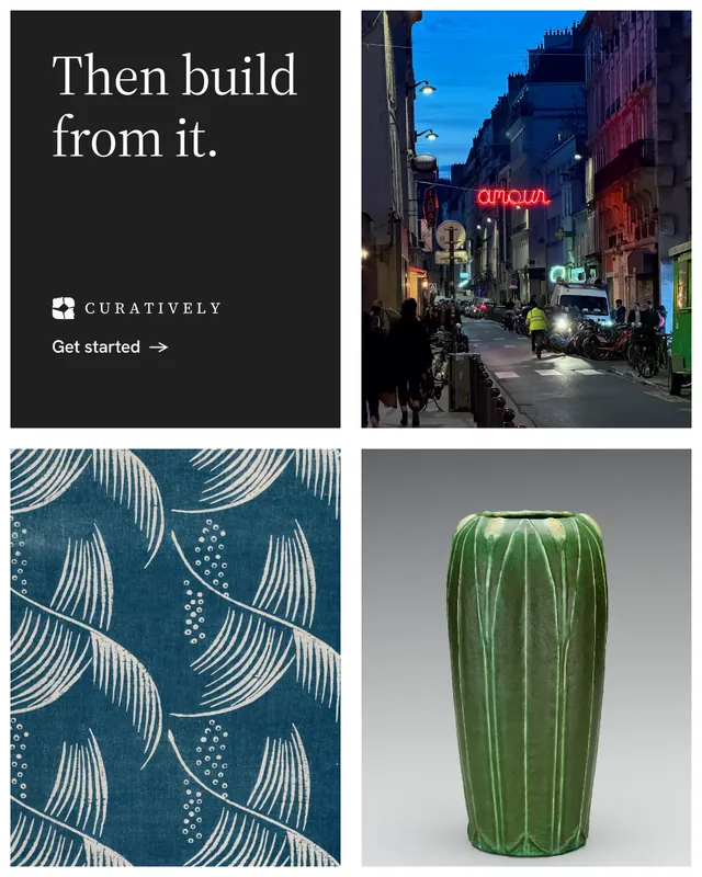 Instagram portrait post for Curatively: "Then build from it." Minimal luxury style, collage layout, dark palette in black, grey, blue.
