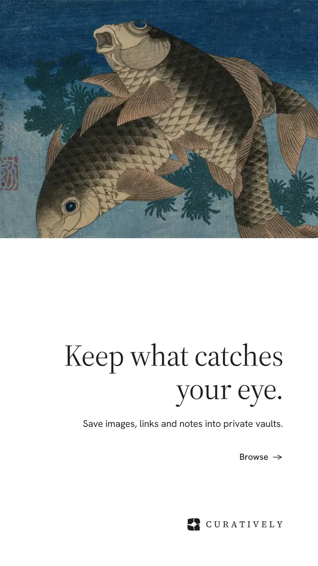 Instagram story for Curatively: "Keep what catches your eye." Minimal luxury style, right layout, light palette in white, blue, grey.