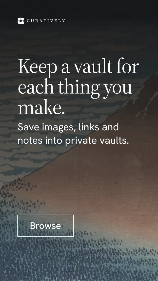 Instagram story for Curatively: "Keep a vault for each thing you make." Editorial style, skeleton layout, dark palette in black, grey.