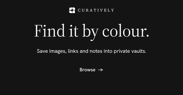 Social ad for Curatively: "Find it by colour." Minimal luxury style, centred layout, dark palette in black.