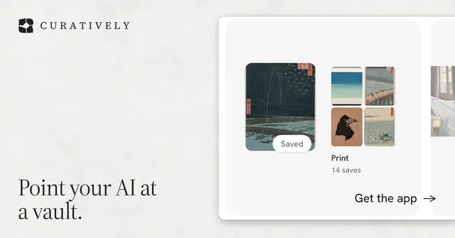 Social ad for Curatively: "Point your AI at a vault." Editorial style, image led layout, light palette in white, grey.