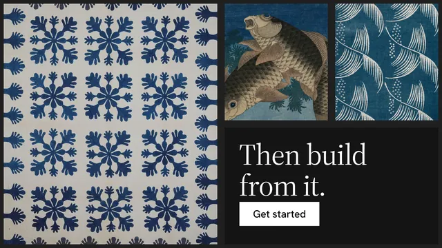 Landscape graphic for Curatively: "Then build from it." Split block style, collage layout, dark palette in black, blue, grey.