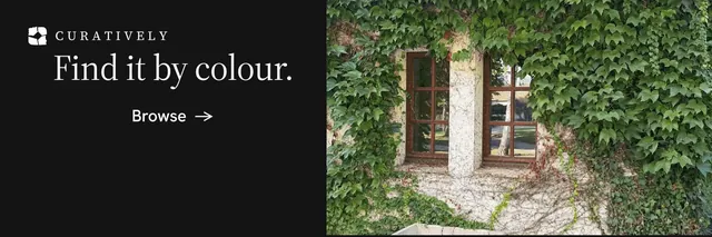 X header for Curatively: "Find it by colour." Minimal luxury style, skeleton layout, dark palette in black, green, grey.