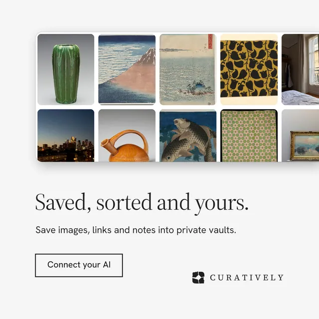 Instagram post for Curatively: "Saved, sorted and yours." Editorial style, bottom layout, light palette in white, grey.