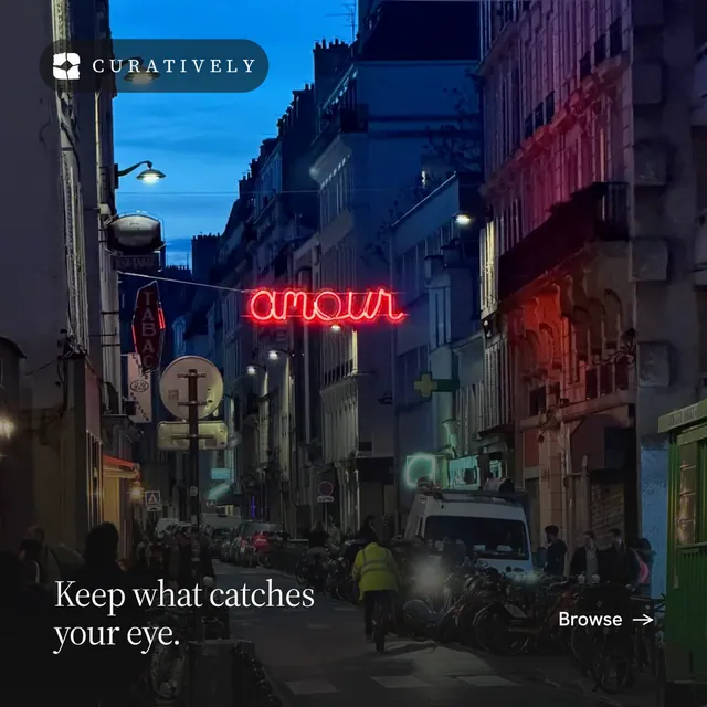 Instagram post for Curatively: "Keep what catches your eye." Photo poster style, image led layout, dark palette in black, pink, blue.