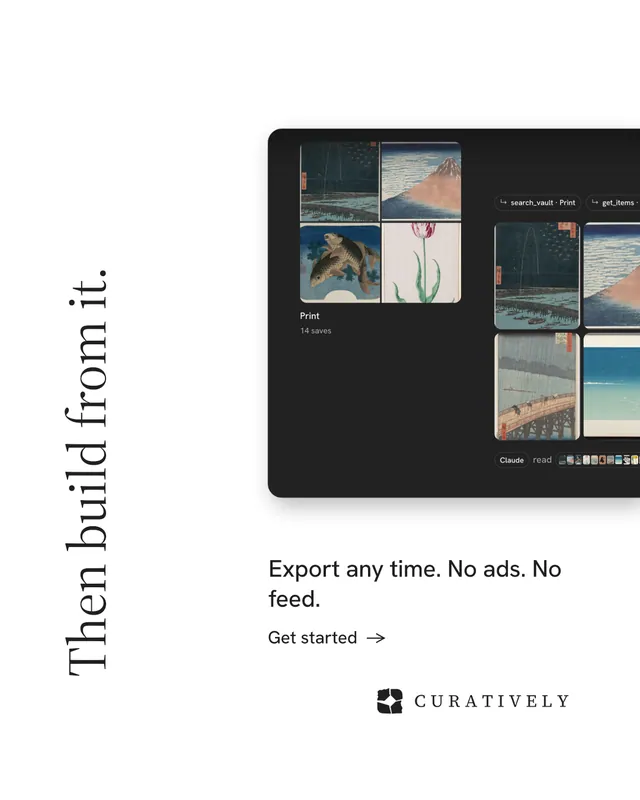 Instagram portrait post for Curatively: "Then build from it." Minimal luxury style, vertical layout, light palette in white, black, grey.