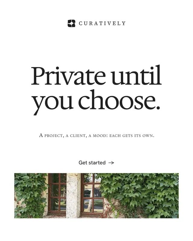 Instagram portrait post for Curatively: "Private until you choose." Swiss style, smallcaps layout, light palette in white, green, grey.