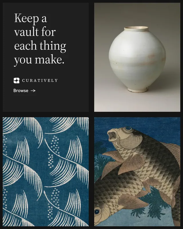 Instagram portrait post for Curatively: "Keep a vault for each thing you make." Minimal luxury style, collage layout, dark palette in black, grey, blue.