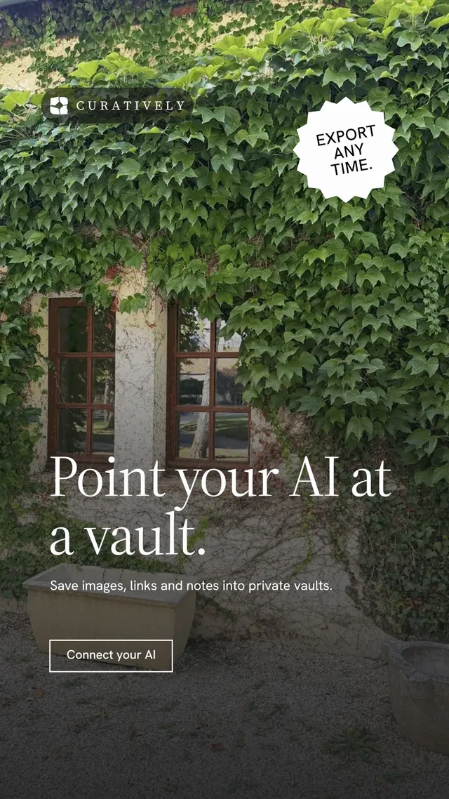 Instagram story for Curatively: "Point your AI at a vault." Editorial style, sticker layout, dark palette in black, grey.