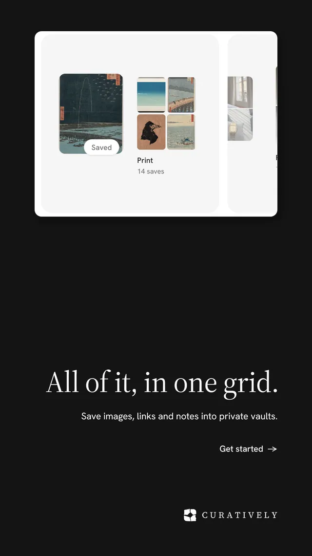 Instagram story for Curatively: "All of it, in one grid." Minimal luxury style, right layout, dark palette in black, white, grey.