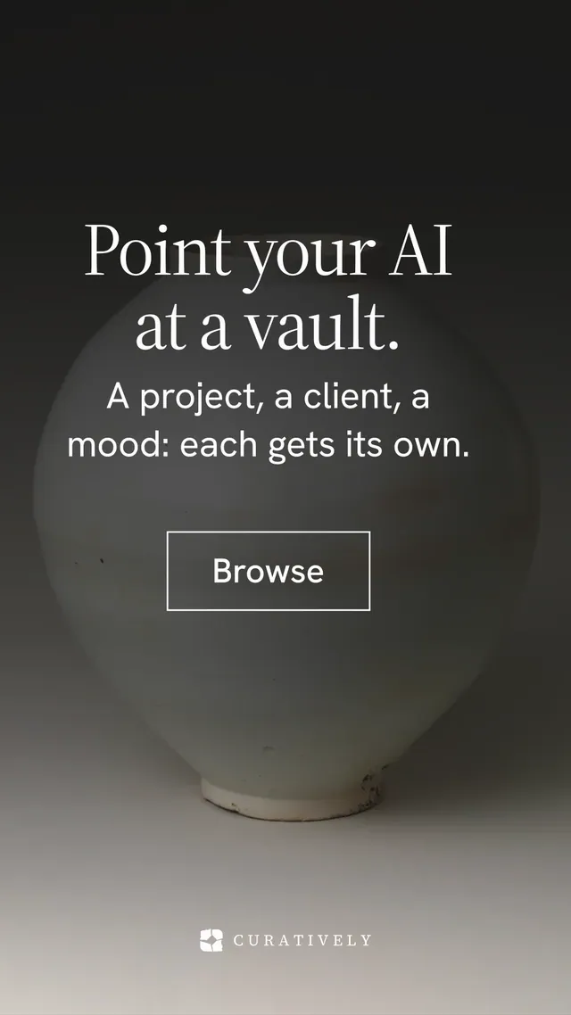 Instagram story for Curatively: "Point your AI at a vault." Editorial style, skeleton layout, dark palette in black, grey.