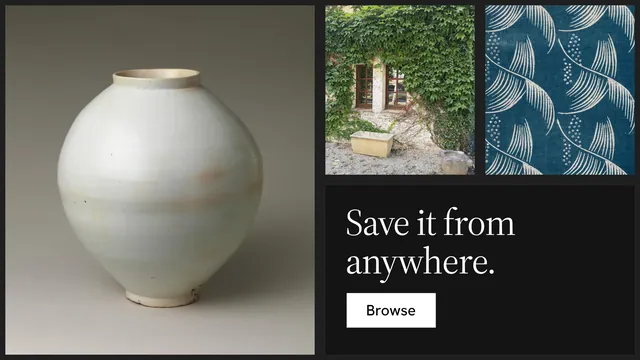 Landscape graphic for Curatively: "Save it from anywhere." Split block style, collage layout, dark palette in grey, black.