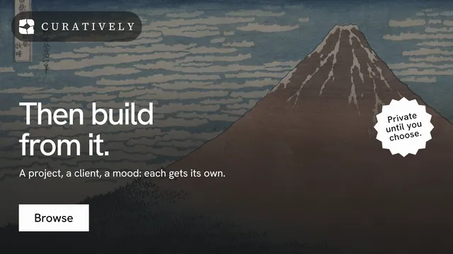 Landscape graphic for Curatively: "Then build from it." Swiss style, sticker layout, dark palette in grey, black.