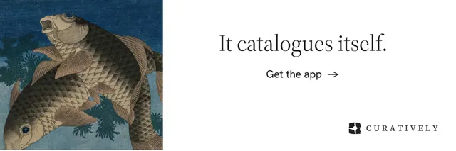 X header for Curatively: "It catalogues itself." Minimal luxury style, skeleton layout, light palette in white, grey, blue.