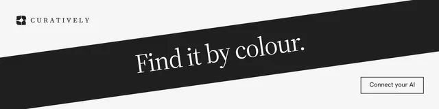 LinkedIn banner for Curatively: "Find it by colour." Editorial style, diagonal layout, light palette in white, black, grey.