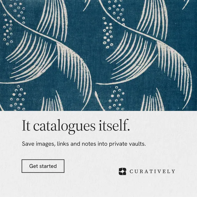 Instagram post for Curatively: "It catalogues itself." Editorial style, bottom layout, light palette in blue, white, grey.