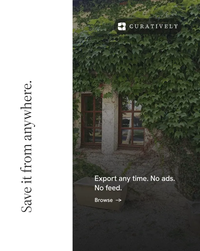 Instagram portrait post for Curatively: "Save it from anywhere." Minimal luxury style, vertical layout, light palette in white, black, green.