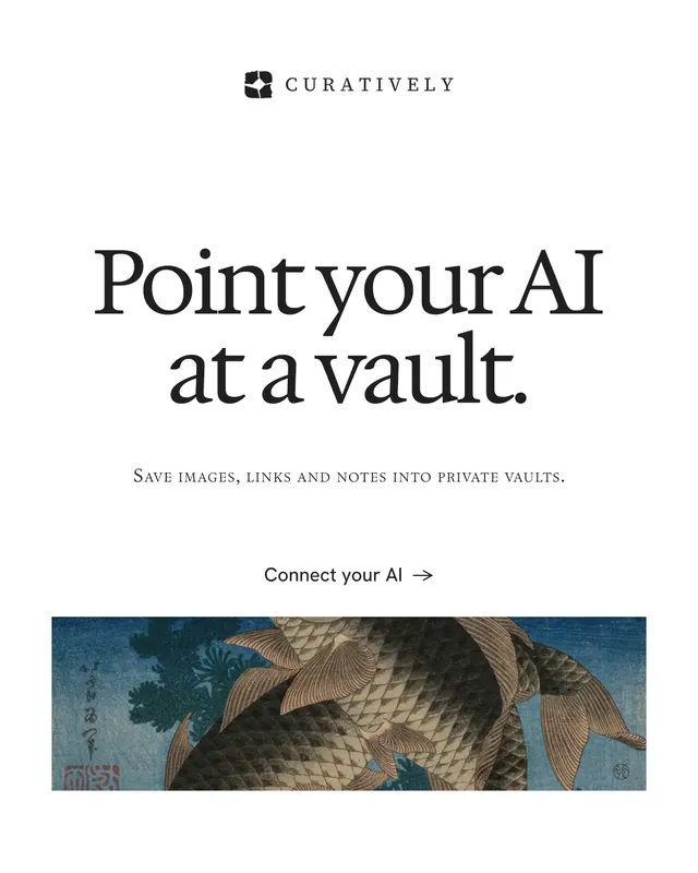 Instagram portrait post for Curatively: "Point your AI at a vault." Swiss style, smallcaps layout, light palette in white, grey, black.