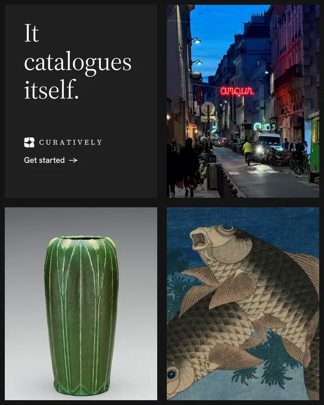Instagram portrait post for Curatively: "It catalogues itself." Minimal luxury style, collage layout, dark palette in black, grey.