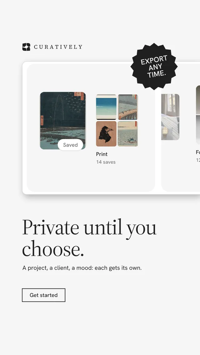 Instagram story for Curatively: "Private until you choose." Editorial style, sticker layout, light palette in white, grey.
