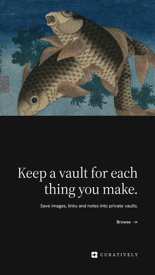 Instagram story for Curatively: "Keep a vault for each thing you make." Minimal luxury style, right layout, dark palette in black, blue, grey.