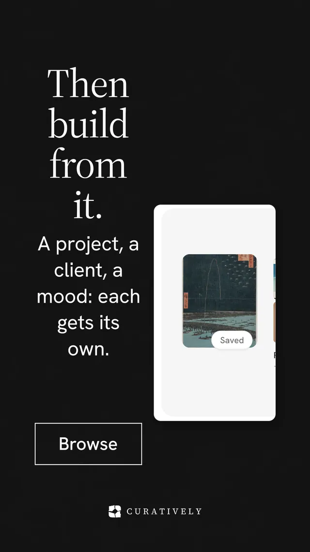 Instagram story for Curatively: "Then build from it." Editorial style, skeleton layout, dark palette in black, grey.