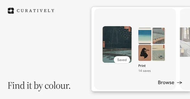 Social ad for Curatively: "Find it by colour." Editorial style, image led layout, light palette in white, grey.
